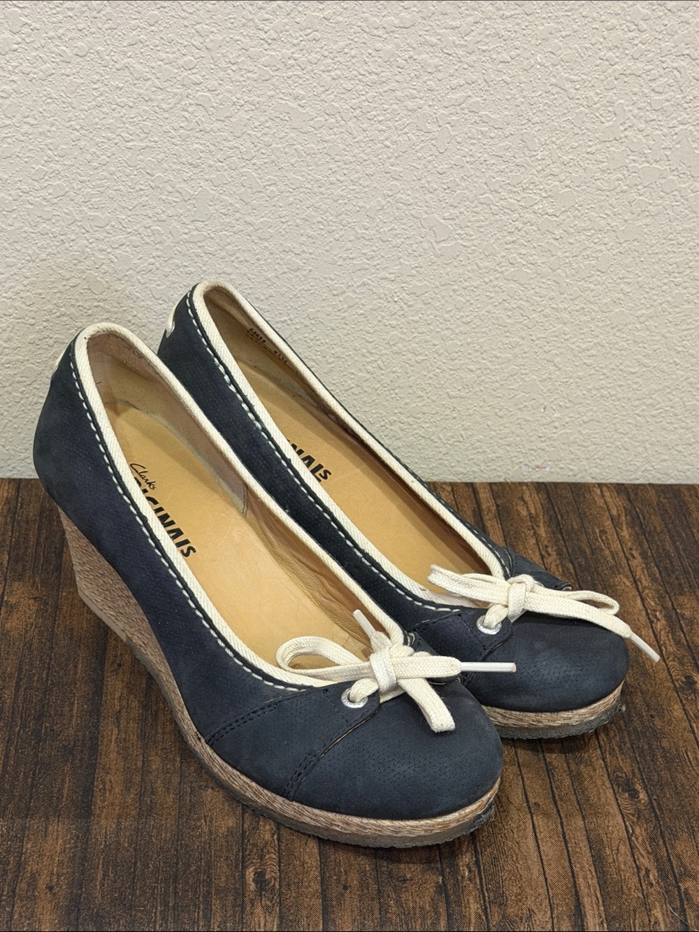 Clarks Black Wedge Ballet Pump with Cream Bow